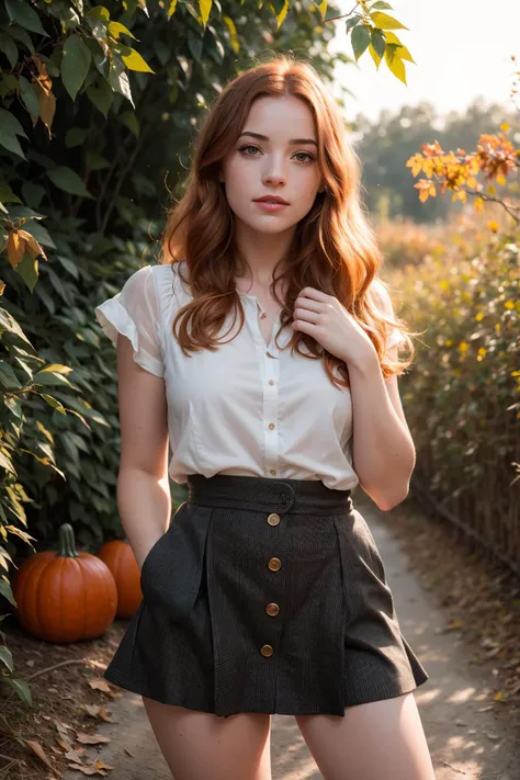 RAW photo of 27yo fenn_goodnightmoon, 8k uhd, dslr, hard lighting, high quality, film grain, Fujifilm XT3, standing in pumpkin patch in autumn, leaves falling, close-up, wearing short skirt, red lipstick, medium ginger hair straight, freckles, converse shoes, sexy pose, visible (pores:0.8), skin (texture:0.8), skin (fuzz:0.6), golden hour epiCRealism