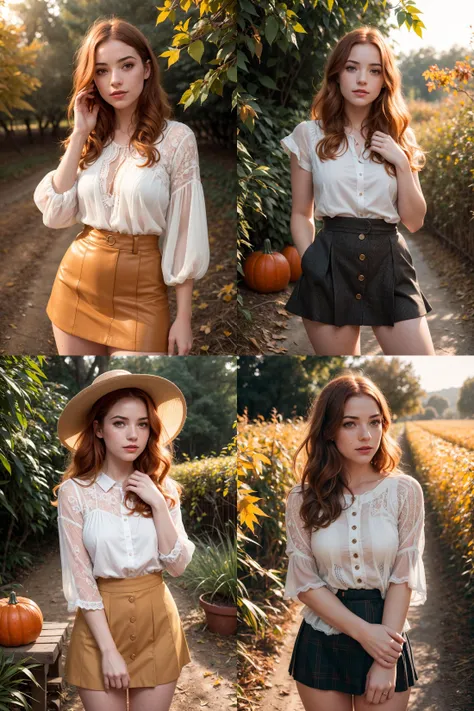 RAW photo of 27yo fenn_goodnightmoon, 8k uhd, dslr, hard lighting, high quality, film grain, Fujifilm XT3, standing in pumpkin patch in autumn, leaves falling, close-up, wearing short skirt, red  lipstick, medium ginger hair straight, freckles, converse shoes, sexy pose, visible (pores:0.8), skin (texture:0.8), skin (fuzz:0.6), golden hour epiCRealism