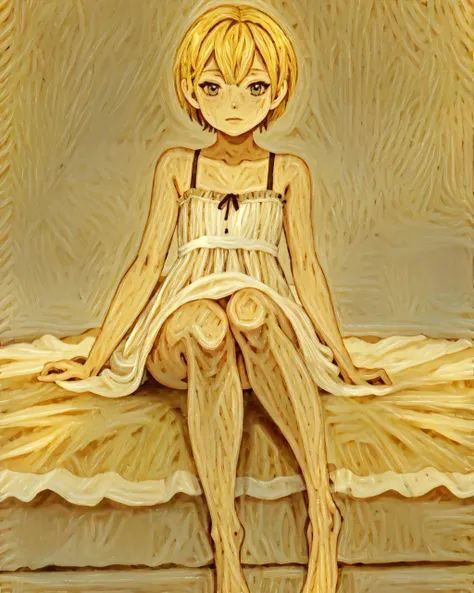 <lora:spagh3tt1 - Spaghetti Concept:0.8>, spagh3tt1, 1girl, relaxed pose, yellow tone, barefoot, dress, short hair, looking at viewer, bored,