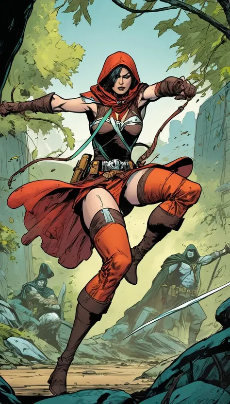 comic Cinematic scene, hero view, d4r rogue <lora:diablo_4_rogue_v0.0.3:1>, action pose, nature, detailed background, masterpiece, best quality, high quality, absurdres . graphic illustration, comic art, graphic novel art, vibrant, highly detailed