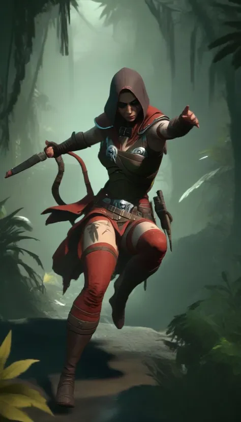Cinematic scene, d4r rogue <lora:diablo_4_rogue_3b:1>, action pose, jungle, detailed background