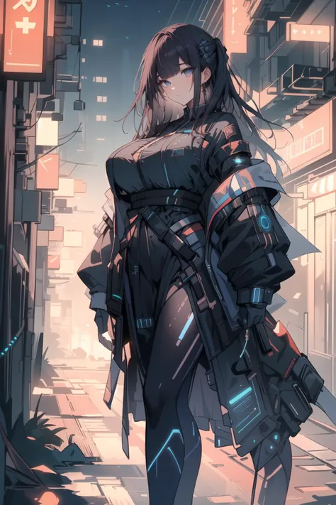 (masterpiece, best quality, unity 8k wallpaper, highres, absurdres, background), depth of field, perfect lighting, cinematic shadows, BREAK
(super_perfect_good anatomy head face fingers arms hands limbs legs, slender, constricted waist), solo, BREAK
(super_beautiful_detailed 1woman gigantic_long_sagging_breastss hair face kind_eyes nose mouth skin), <lora:easttechwear:0.8>, cyber punk, night city, (poses angle scenery background wonderful_match:1.2)