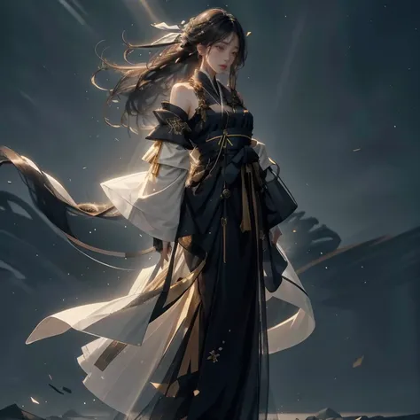 1girl, Asian, solo focus, longhair, (strong wind:1.3), shoulder revealed, gloves, <lora:easttechwear:0.7>, (black hanfu:0.6), silhouette, soft light, simple background, god ray, gold earings, fullbody, side view, motion blur, best quality, depth of field, masterpiece, highres, intricate details, cinematic lighting, gloomy, hyperrealism, particles, HDR, god rays