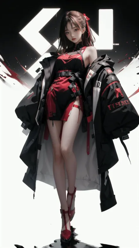 1girl, <lora:easttechwear-000005:0.8>\(red and white\), black background, full body