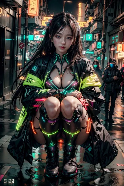 (realistic:1.3), finely detailed, quality, rembrandt lighting, (masterpiece:1.2), (photorealistic:1.2), (best quality), (detailed skin:1.3), (intricate details), dramatic, ray tracing, 1girl, chinese girl, 21 years old, detailed skin texture, (blush:0.5), (goosebumps:0.5), subsurface scattering, smiling, medium breasts, twin hair buns, bangs, hair between eyes, (hanfu:0.8), tech wear, urban tech clothes, glowing neon colors, red theme, sitting, one arm up, hand behind head, (night, outdoors, neon lights, neon signs, cyberpunk, futuristic), <lora:easttechwear:0.8>