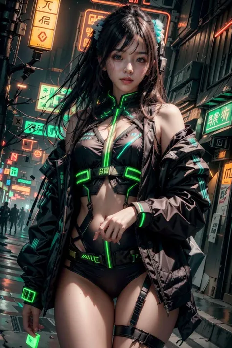 (realistic:1.3), finely detailed, quality, rembrandt lighting, (masterpiece:1.2), (photorealistic:1.2), (best quality), (detailed skin:1.3), (intricate details), dramatic, ray tracing, 1girl, chinese girl, 21 years old, detailed skin texture, (blush:0.5), (goosebumps:0.5), subsurface scattering, smiling, medium breasts, long hair curls, bangs, hair between eyes, (hanfu:0.8), tech wear, urban tech clothes, glowing neon colors, (dynamic action pose:1.2), cowboy shot, (night, outdoors, neon lights, neon signs, cyberpunk, futuristic), <lora:easttechwear:0.8>