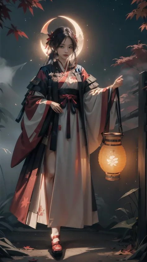 masterpiece, best quality,highres, 1girl, <lora:easttechwear:0.8>\(red, hanfu\), ((moon)), starry sky, (lighting particle), fog,paper lantern, autumn, red autumn leaves