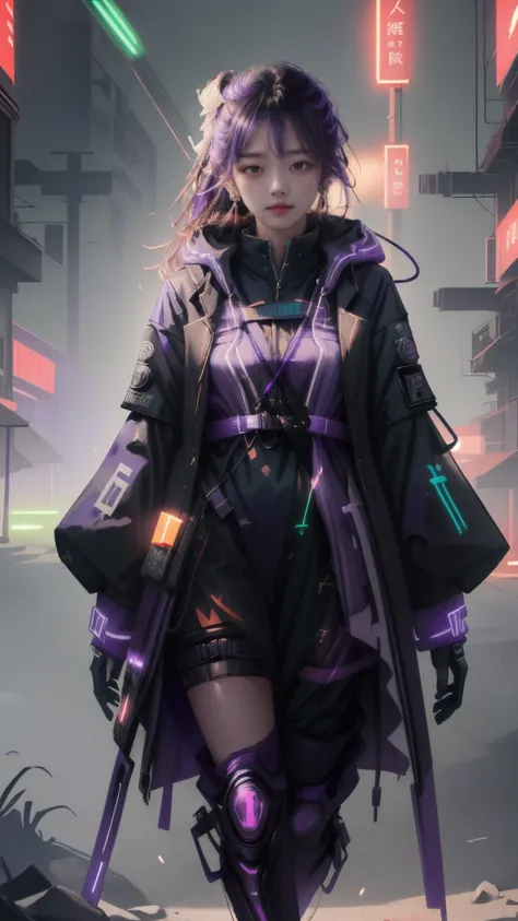 masterpiece, best quality,highres, photorealistic, dramatic lighting, 1girl, (easttechwear\(purple, Neonpunkai\):1.2),slim, monogram, perfect cutting, look at viewer,<lora:easttechwear:0.7>, (hanfu:0.8), mesmerizing glow, <lora:Neonpunkai-8:0.4>