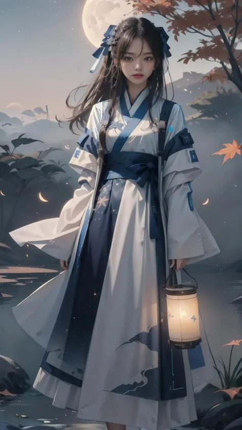 masterpiece, best quality,highres, 1girl, <lora:easttechwear:0.8>\(white, hanfu\), ((moon)), starry sky, (lighting particle), fog,paper lantern, autumn, autumn leaves,