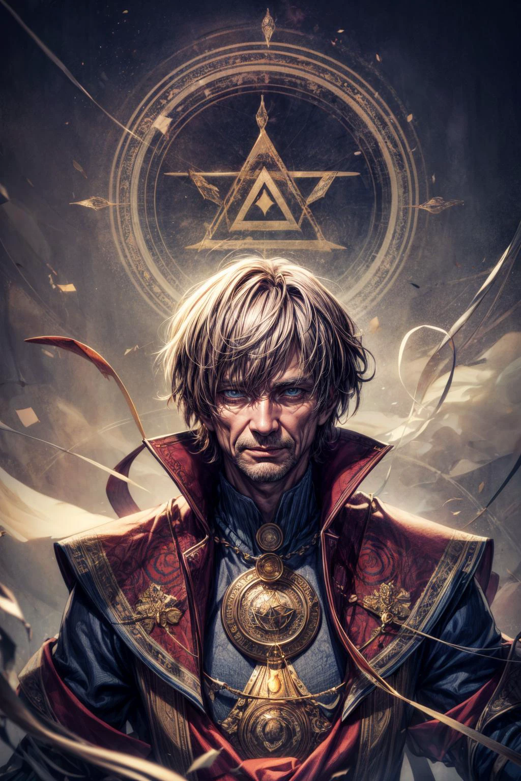 (best quality:1.4), (intricate details:1.2), 3d render, <lora:add_detail:1>
(1man, wrinkled face, old male:1.2), frail, grey-blue eyes, auburn hair, textured fringe,
portrait, solo, upper body, detailed background, detailed face, (<lora:runemagic:0.4>, magic_circle, Rune_Magic theme:1.1), [wide smile, (card-wizard:1.05), swindler, red magician outfit, dynamic pose, (cards floating in the air:1.15), colorful ribbons in background, ethereal atmosphere,