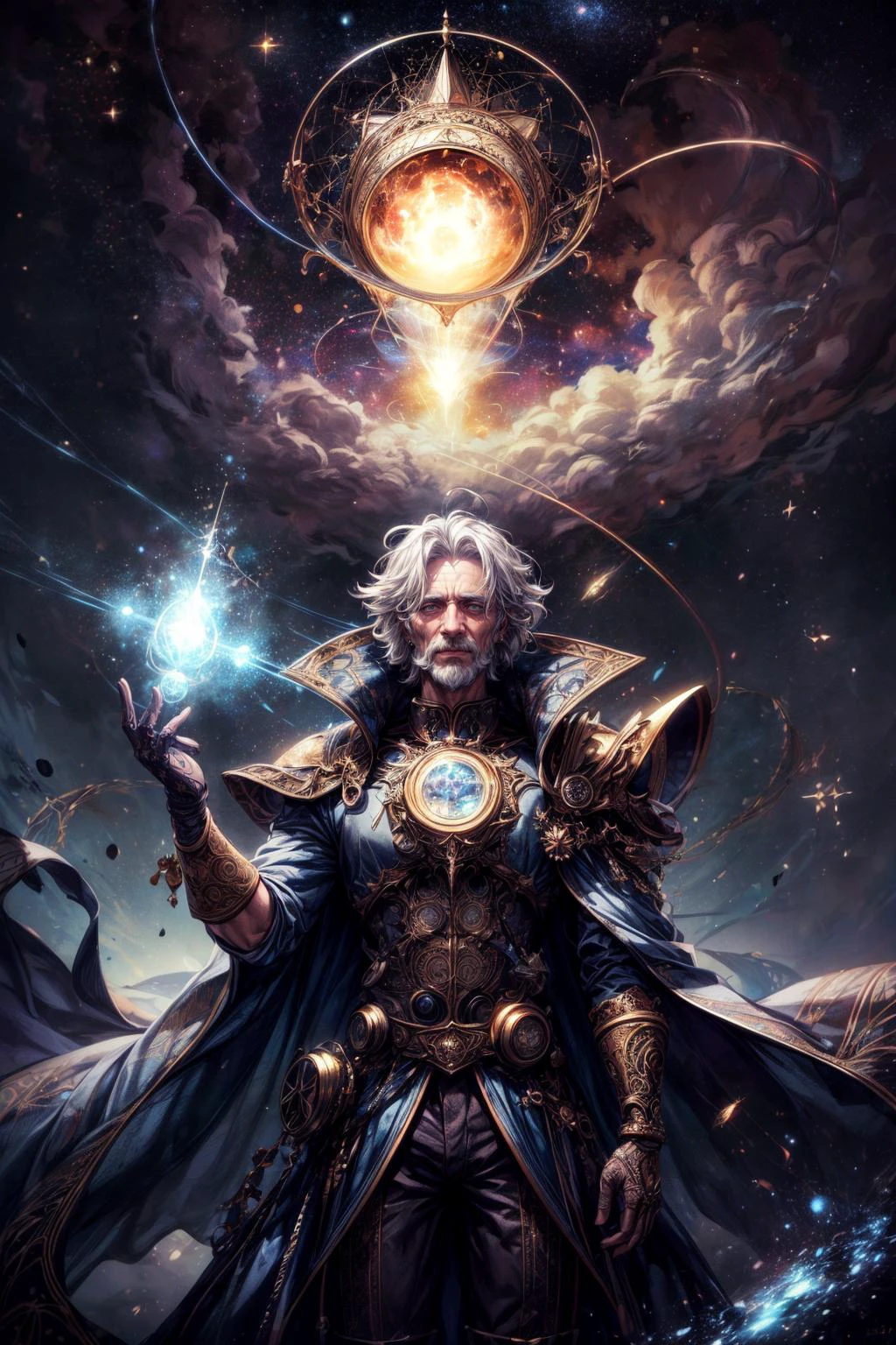 (best quality:1.4), (intricate details:1.2), 3d render, <lora:add_detail:1>
(1man, wrinkled face, old male:1.2), grey-blue eyes, white hair, short mustache,
solo, half shot, looking at viewer, detailed background, detailed face, (<lyco:SteamPunkBundle2v:0.5>, AetherpunkAI theme:1.1) (glowing eyes:1.05), embodied star constellation, zodiac, horoscope, mythical, leo, geometric symbolism, astral power, stars, bright lights, aura, shine, transcendence, floating particles, cosmic dust, backlighting, cosmic space background, surreal esoteric atmosphere,