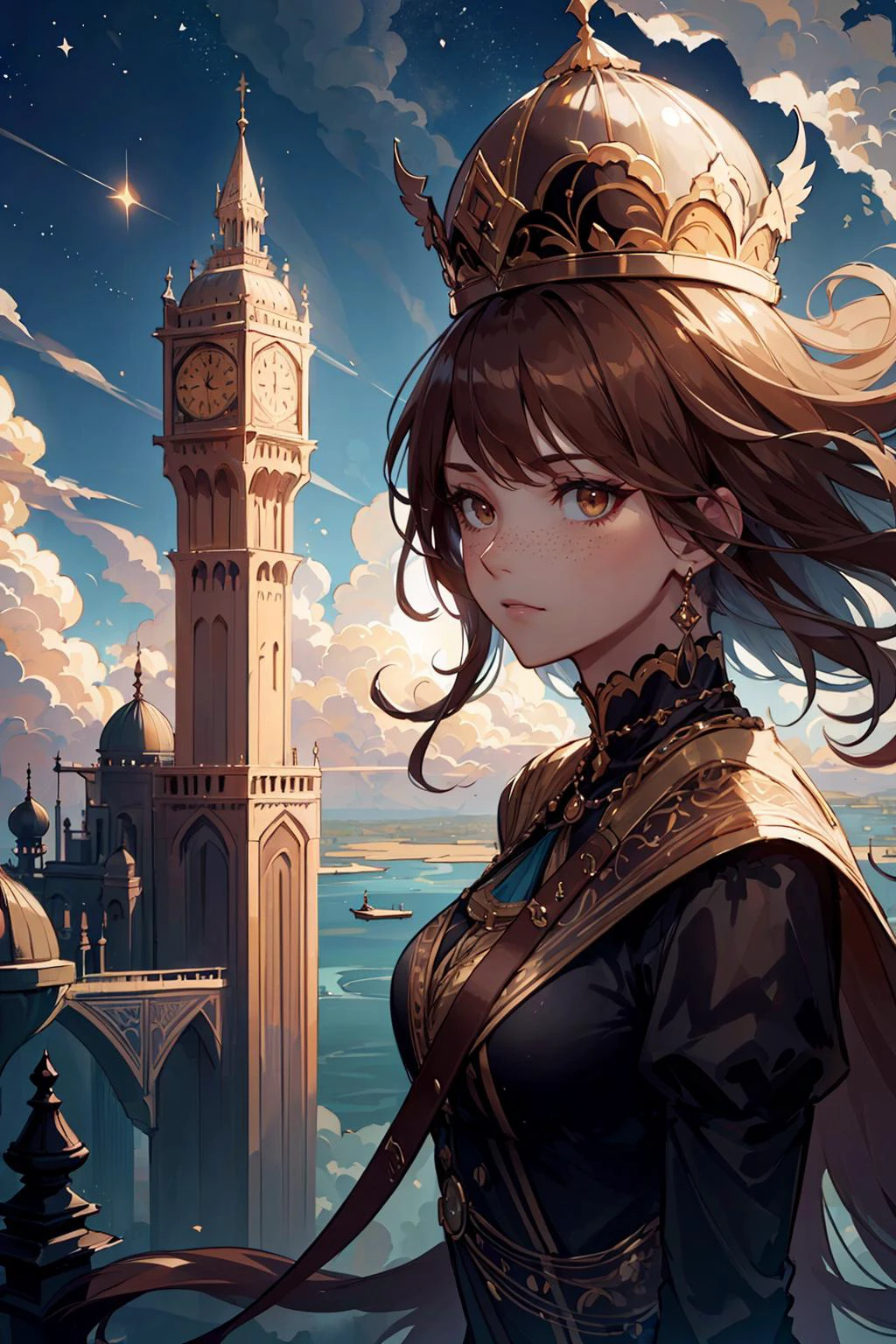 (best quality:1.4),
1 girl, adult woman, freckles, brown eyes, dark red shag hair,
(character focus:1.1), portrait, solo, (full body:0.6), detailed background, detailed face, (<lora:1001ArabianNightsV3:0.6>, 1001ArabianNights theme:1.1), aristocratic pose, ruling class, elegant clothing, elegant hat, looking over floating (cloud city:1.1), cloudtop sky-city, floating platforms, floating buildings, tower, ziplines, clouds in background, sky waterfall in background, epic atmosphere, dark starry night,