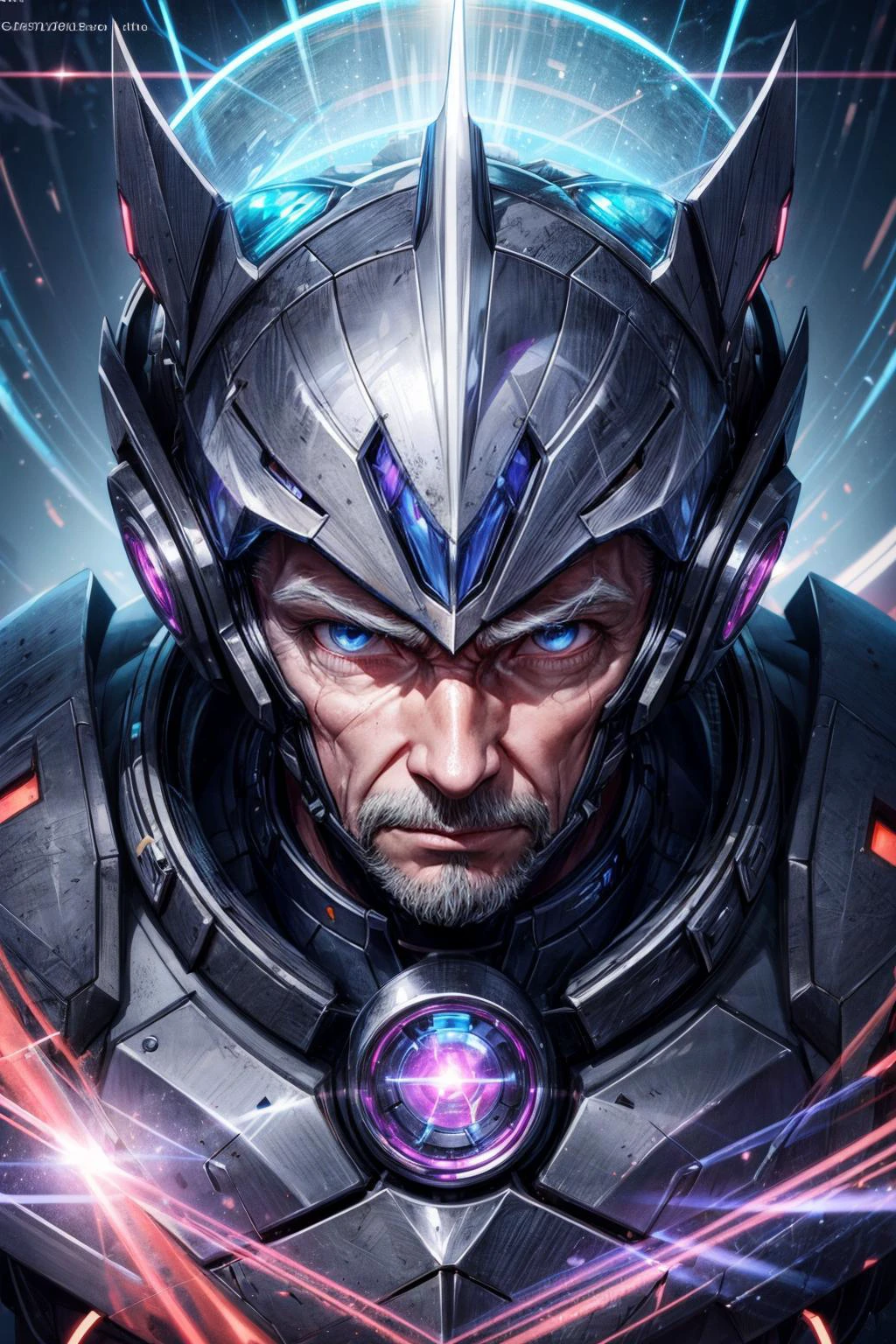 (best quality:1.4), (intricate details:1.2), hyperrealistic, digital artwork, <lora:add_detail:0.5>
(1man, wrinkled face, old male:1.2), light blue eyes, gray hair, drop fade,
portrait, (bloody scars:0.7), looking away, solo, upper body, detailed background, close up, detailed face, (arcane magic spellcaster hextech theme:1.1), futuristic digital copper armor, thick bulky armor, striped pattern, gadgets, advanced technology, cybernetics, (open helmet:0.6), dynamic pose, epic galactic in background, lens flare, neon lights, sparks, explosions, screens, cinematic atmosphere,