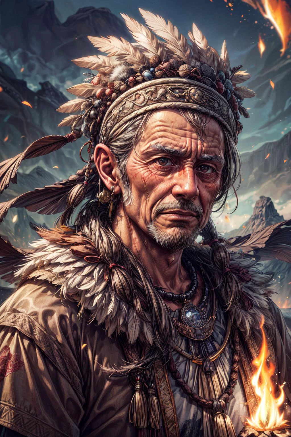 (best quality:1.4), (intricate details:1.2), hyperrealistic, 3d render, detailed cgi, <lora:add_detail:1>
(1man, wrinkled face, old icelandic male:1.2), frail, grey eyes, gray hair, blunt cut,
portrait, solo, upper body, detailed background, detailed face, (<lora:totempunkai_v20:0.5>, totempunkai, inca theme:1.1), wise, tribal witchdoctor shaman, mystical, light brown feathered clothes, amulet, floating particles, embers, nature in background, cinematic atmosphere,