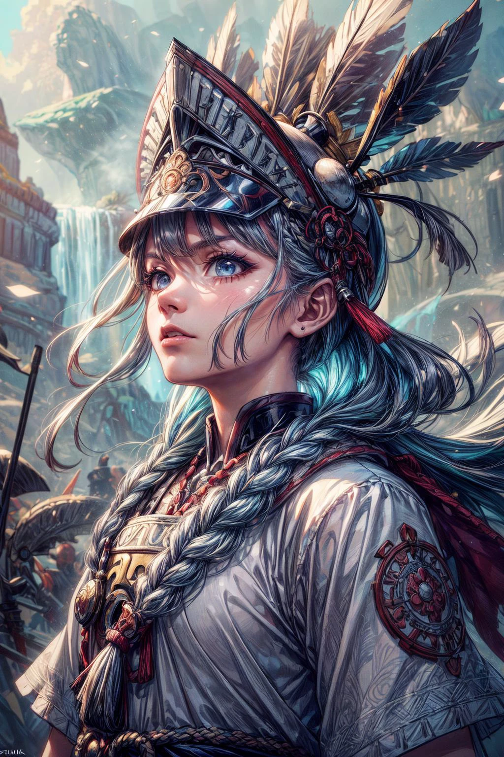 (best quality:1.4), (intricate details:1.2), digital artwork, detailed cgi, <lora:add_detail:1>
1 girl, adult british woman, aquamarine eyes, white waterfall braid,
portrait, solo, half shot, looking up, detailed background, detailed face, (<lyco:CulturePunkBundle-000007:0.5>, zulupunkai, zulu theme:1.1), samurai, black samurai clothing, samurai helmet, aggressive expression, samurai crest, battlefield in background, cinematic atmosphere,
