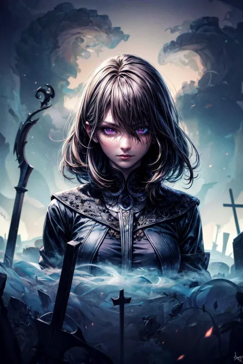 (best quality:1.4), (intricate details:1.2), hyperrealistic, digital artwork, detailed cgi, <lora:add_detail:1>
1 girl, adult hungarian woman, purple eyes, black medium hair,
solo, upper body, looking at viewer, detailed background, detailed face, (<lora:smoke_model:0.4>, smokestyle theme:1.1) calm, otherworldly glowing eyes, emissary of death, dark clothes, reaper, omen, scythe, decay, floating particles, shadows, cold, graveyard in background, mist, candlelight, sinister dark atmosphere,