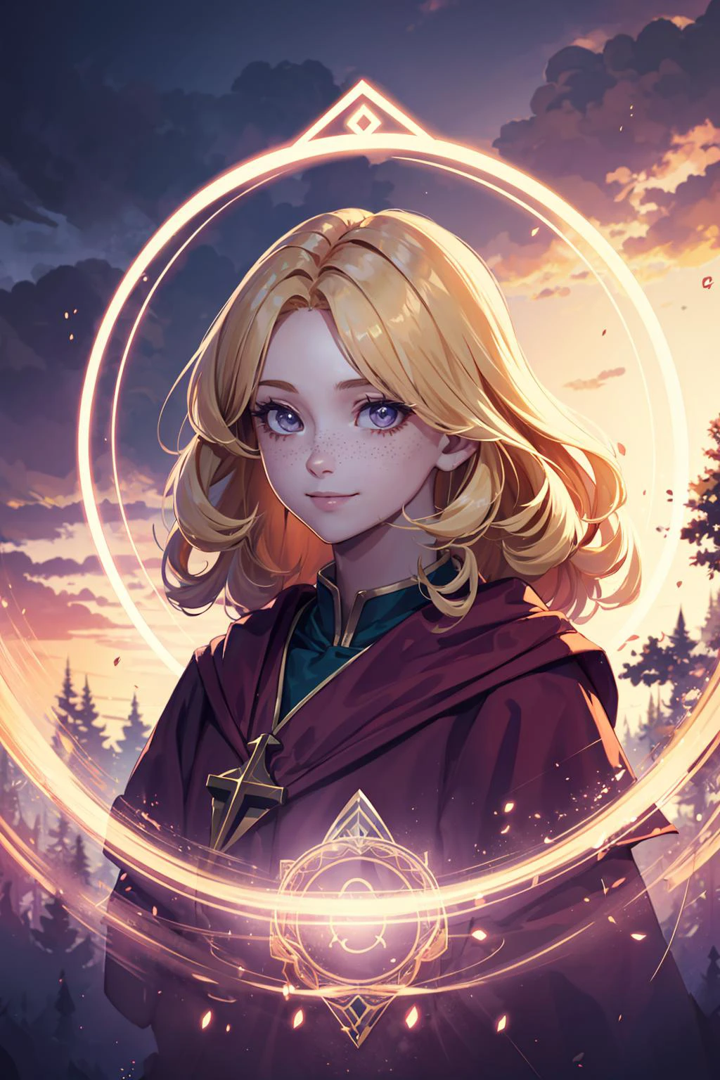 (best quality:1.4),
1 girl, adult european woman, freckles, jade eyes, blonde ringlets hair,
(Style-SwampMagic:0.4), portrait, (bloody scars:0.7), looking up, solo, upper body, detailed background, (<lora:runemagic:0.4>, magic_circle, Rune_Magic theme:1.1) gentle smile, gentle, light fantasy, priest, casting light spell, praying, bright clouds, floating light particles, arms raised, dark purple robe, gloves, magic staff, divine spell, mana, bright realistic lighting, serene forest in background, peaceful atmosphere, halo above head,