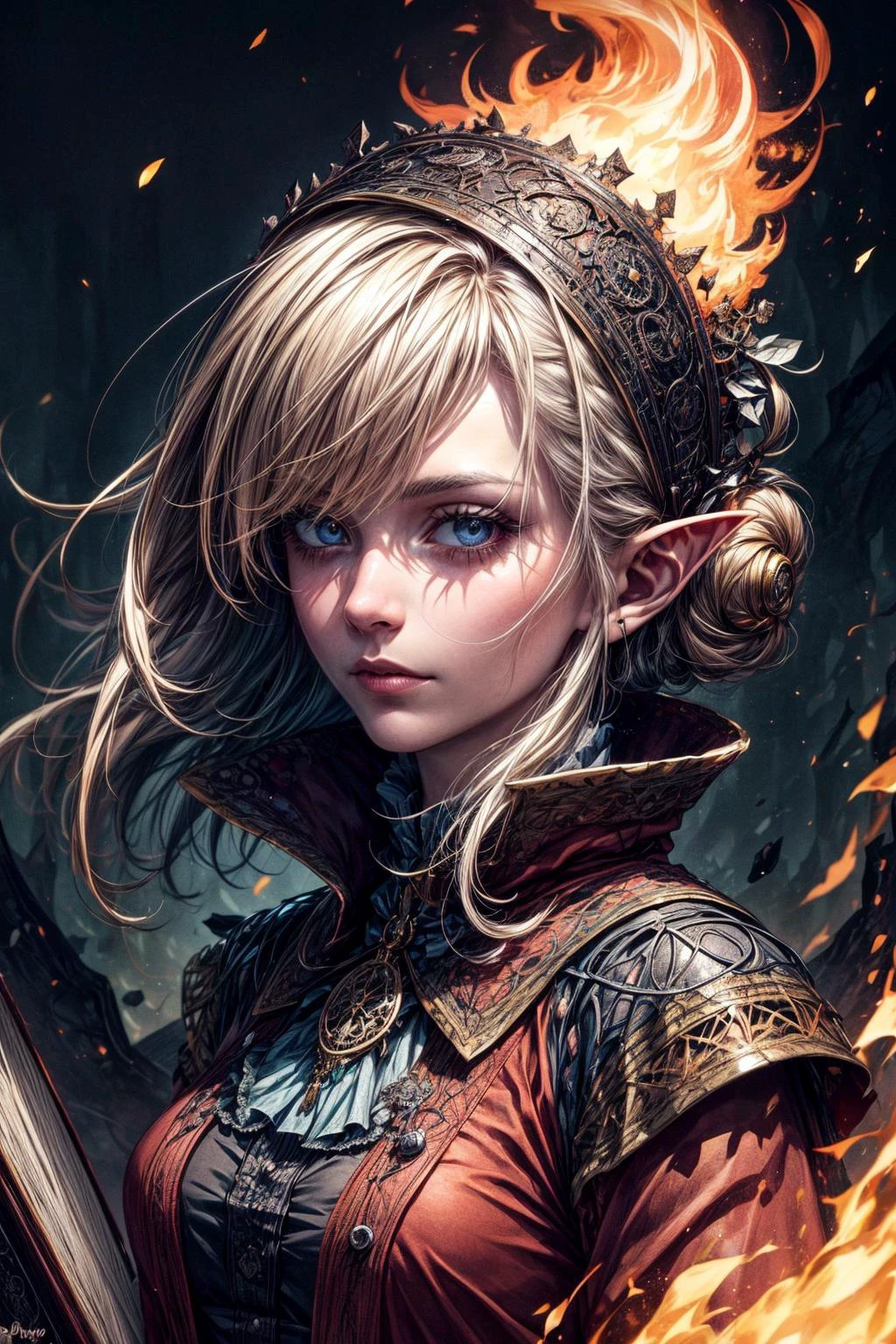 (best quality:1.4), (intricate details:1.2), hyperrealistic, digital artwork, <lora:add_detail:1>
1 girl, adult (elven:0.7) woman, black eyes, blonde half-up half-down hairstyle,
(style-swirlmagic:0.8), portrait, looking down, solo, (full body:0.6), detailed background, detailed face, (victorian theme:1.1) evil mage, tattered light brown magical robes, determined expression, green color scheme, dark crimson light, study room, evil book, dark atmosphere, shadows, realistic lighting, floating particles, embers, surrounded by fire, <lora:Fire_VFX:0.4>, (thick melting candles:0.8), blue arcane symbols, power-hungry eyes,
