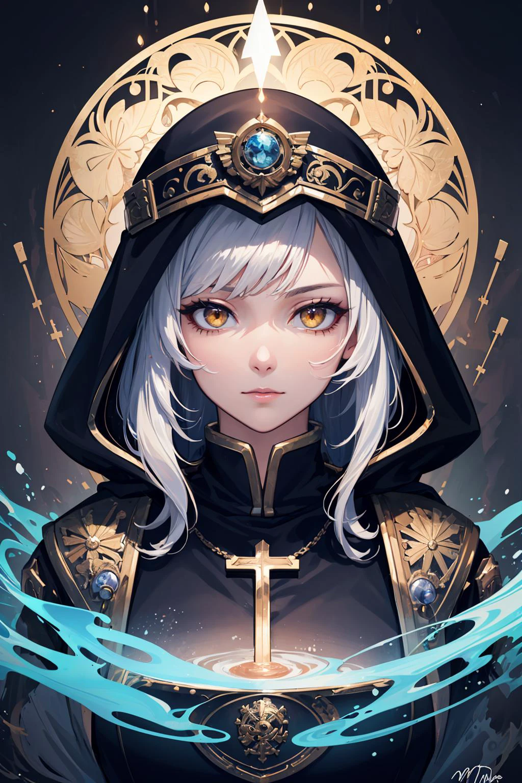 (best quality:1.4), (intricate details:1.2), hyperrealistic,
1 girl, adult woman, amber eyes, silver medium hair,
(style-swirlmagic:0.8), character focus, portrait, looking at viewer, solo, (full body:0.6), detailed background, detailed face, (warhammer 40k theme:1.1) holy oracle, zealous fury, hooded, black crystalline symbols, mitre, bishop hat, dynamic pose, giving blessing, church, divine light, divine aura, religious icons, incense, mural, floating particles, sacred texts, embroidery, swirling lights emanating, basin ofholy water, medieval high fantasy style, reflections, updraft,