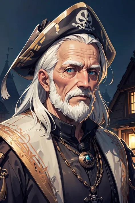 (best quality:1.4), (intricate details:1.2), hyperrealistic,  detailed cgi,
(1man, wrinkled face, old  male:1.2), wise,  turquoise eyes, gray hair, long beard,
portrait, solo, half shot, looking at viewer, detailed background, detailed face, (<lora:CulturePunkBundle:0.3>, piratepunkai, pirate theme:1.1), footsoldier, keeping watch, watchful,  rusty armor,  emblem, dark orange cape, town square in background,  wind blowing, night, medieval atmosphere,