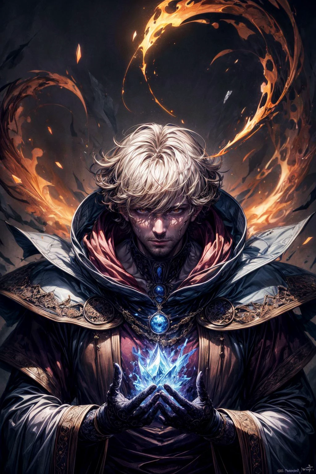 (best quality:1.4), (intricate details:1.2), digital artwork, <lora:add_detail:1>
(1man, muscular adult portuguese male:1.2), brown eyes, blonde hair, short hair,
(style-swirlmagic:0.8), portrait, (bloody scars:0.7), looking up, solo, upper body, detailed background, (<lora:kVoidEnergy-000001:0.5>, V0id3nergy, void theme:1.1) determined, focusing, pursed lips, sorcrer, casting spell, hovering in air, dark clouds, (yellow fire), floating ice shards, arms raised, light brown robe, hair flowing in the wind, magic living ice, arcane spell, mana, grim dark realistic lighting, open waste in background,