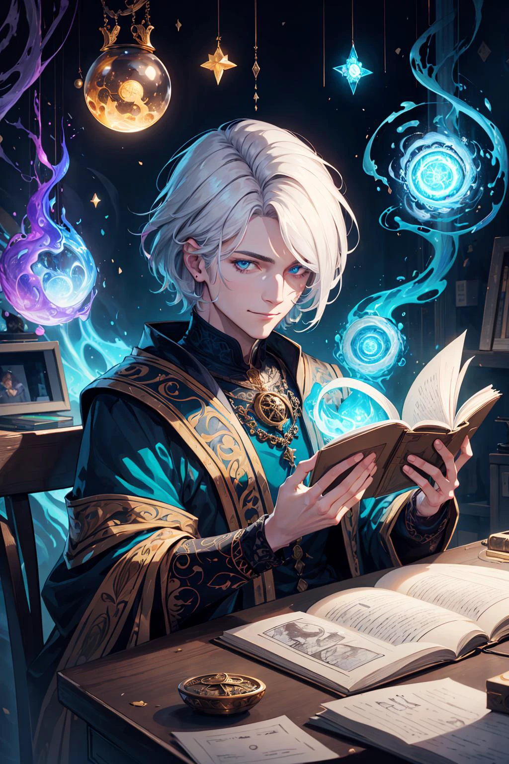 (best quality:1.4), (intricate details:1.2), hyperrealistic, detailed cgi,
(1man, masculine adult hungarian male:1.2), teal eyes, white hair, buzz cut,
portrait, solo, half shot, looking at viewer, detailed background, detailed face, intricate details, (<lora:kVoidEnergy-000001:0.5>, V0id3nergy, void theme:1.1) scholar sitting at desk, researching, smiling, clutter, surrounded by papers, maps, notes, scrolls, magic texts, runes, formulas, magic aura, (style-swirlmagic:1.0), ancient magic, knowledge, intelligence, study room in background, magical light, mysterious atmosphere,
<lora:marker:0.2>,