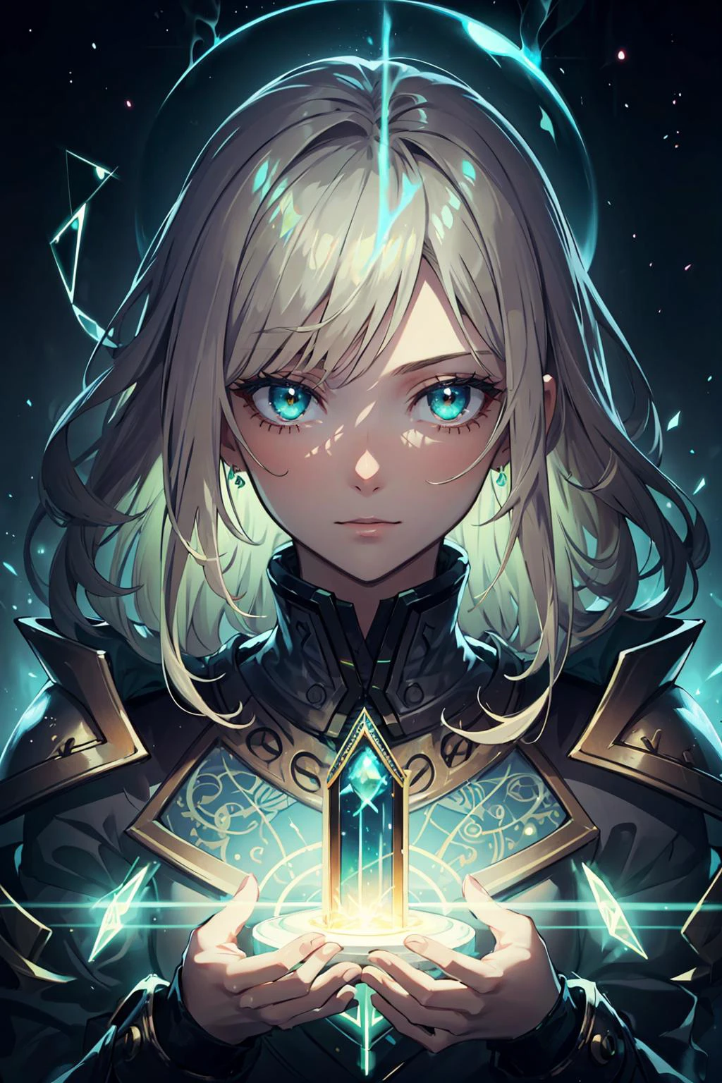 (best quality:1.4), (intricate details:1.2), digital artwork,
1 girl, adult russian woman, silver eyes, natural blonde layered hair,
portrait, solo, half shot, looking at viewer, detailed background, detailed face, (<lora:GlowingRunesAIV3:0.6>, GlowingRunesAI_green theme:1.1) glowing eyes, (master of time :1.1), eternity, weightless, impossible geometry, swirling patterns, hourglass, sands of time, energy, bloom light aura, cosmic space in background, ethereal atmosphere,