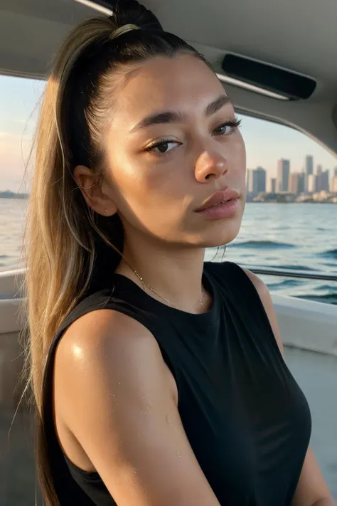 RAW, real photo portrait, alexandraDug1 , on a boat, (wearing a wet black t-shirt), pretty face, insanely detailed eyes, light blonde hair, high ponytail, bokeh, natural light, depth of field, golden hour, sharp focus
