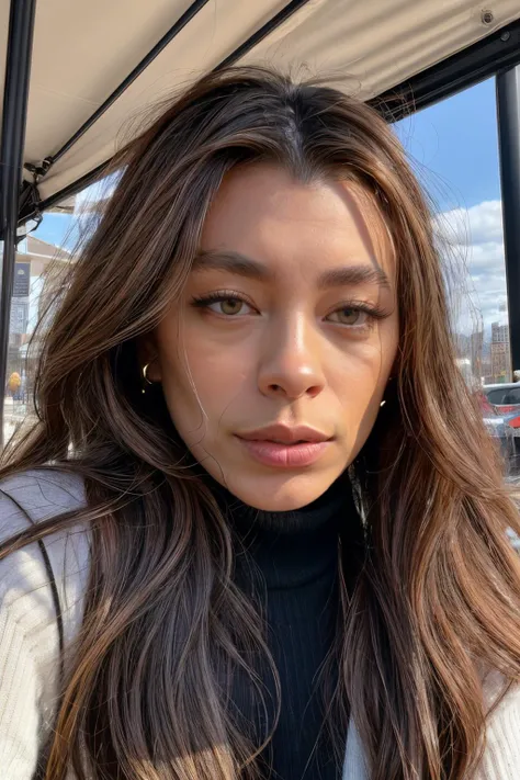 alexandraDug1 piercing eyes, looking straight, very happy,long hair, wearing an white sweater, choker, closeup portrait, in a outdoor cafe in 2015, afternoon light