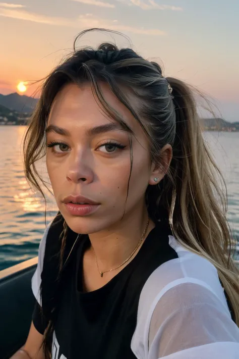 RAW, real photo portrait, alexandraDug1 , on a boat, (wearing a wet black t-shirt), pretty face, insanely detailed eyes, light blonde hair, high ponytail, bokeh, natural light, depth of field, golden hour, sharp focus