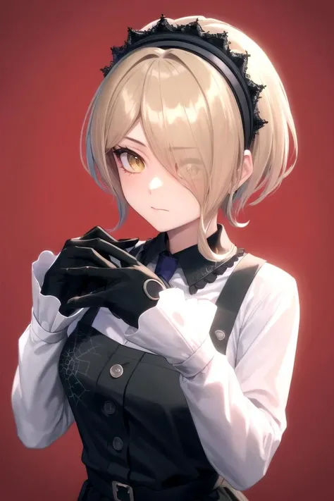 (highly detailed:1.3),
tkirumi, looking at viewer, long sleeves, closed mouth, yellow eyes, white shirt, black gloves, collared shirt, hair over one eye, black dress, hands up, maid headdress, eyes visible through hair, red background, pinafore dress,
Ultra-detail,(highres:1.1),best quality,(masterpiece:1.3), cinematic lighting, <lora:otakoTojoKirumi:1>