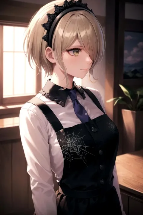 (highly detailed:1.3),
tkirumi, scenery, detailed background, closed mouth, white shirt, upper body, collared shirt, hair over one eye, black dress, from side, maid headdress, profile, cropped torso, pinafore dress, spider web print,
Ultra-detail,(highres:1.1),best quality,(masterpiece:1.3), cinematic lighting, <lora:otakoTojoKirumi:1>