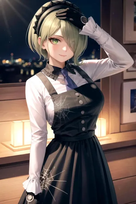 (highly detailed:1.3),
tkirumi, looking at viewer, smile, large breasts, long sleeves, white shirt, green hair, black gloves, hair over one eye, black dress, maid headdress, pinafore dress, hand on own head, spider web print, 
Ultra-detail,(highres:1.1),best quality,(masterpiece:1.3), cinematic lighting,  <lora:otakoTojoKirumi:1>