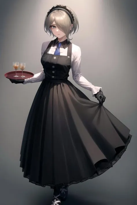(highly detailed:1.3),
tkirumi, looking at viewer, long sleeves, holding, standing, full body, white shirt, pantyhose, black gloves, grey background, hair over one eye, black dress, cup, black pantyhose, maid headdress, tray, pinafore dress, holding tray,
Ultra-detail,(highres:1.1),best quality,(masterpiece:1.3), cinematic lighting, <lora:otakoTojoKirumi:1>