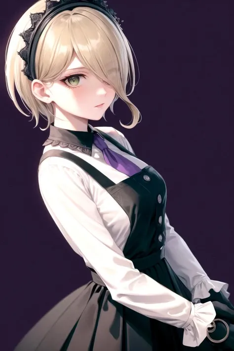 (highly detailed:1.3),
tkirumi, looking at viewer, skirt, long sleeves, white shirt, black gloves, hair over one eye, black dress, from side, maid headdress, purple background, pinafore dress,
Ultra-detail,(highres:1.1),best quality,(masterpiece:1.3), cinematic lighting, <lora:otakoTojoKirumi:1>