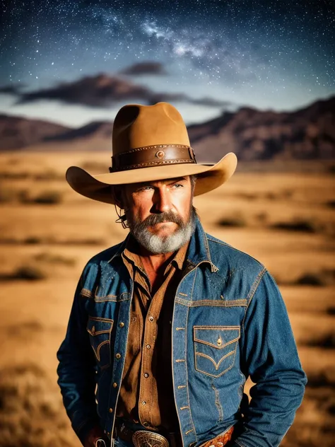 Photograph, color, portrait. cowboy, outdoor, night, rugged, weathered, stoic, cowboy hat, spurs on boots, a horse in the background, deep set wrinkles, piercing blue eyes, a determined expression, standing against a backdrop of a clear night sky filled with stars, the cowboy is looking off into the distance, best quality, ultra-detailed, classic western