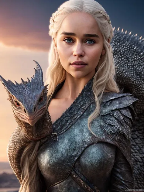 hyper real photo of [daenerys targaryen|Emilia Clarke] with pet (dragon:1.1), beautiful, sexy, 1girl with dragon, blond, close-up, extreme closeup, realistic proportions, realistic pupils, fire breading dragon, limited palette, highres, absurdres, cinematic lighting, 8k resolution, front lit, HDR, sunrise, RAW photo, Nikon 85mm, Award Winning, Glamour Photograph, extremely detailed, beautiful Ukrainian, mind-bending, Noth-Yidik, (blue top:0.6),