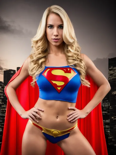 a full length photo sexy super girl, super gilr sexy costume, blonde, large breast
epic, epic light, front view, (hdr),(raw), (cinematic), (broken city background), post process