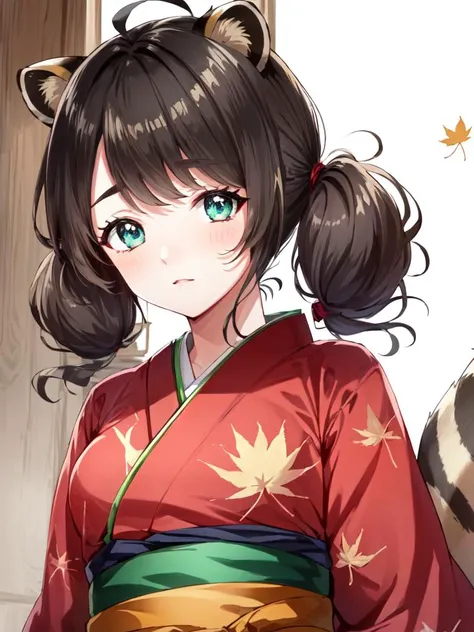 <lora:dontanuki:0.6:NIN> cute anime face 1girl with small raccoon ears (animal ears:1.5) (raccoon tail:1.5) brown hair, flaps light green eyes (thick_eyebrows) short cut flipped hair curly (low twintail:1.4) asymmetrical bangs, ((big hair messy hair)), eyeliner big breasts skindantation, rhomboid eye, (sleepy eyes), (detailed eyes), (tareme:1.6 jitome1.5), whiskers lightpink Leaf pattern green kimono, darkred and white checked hakama tabi