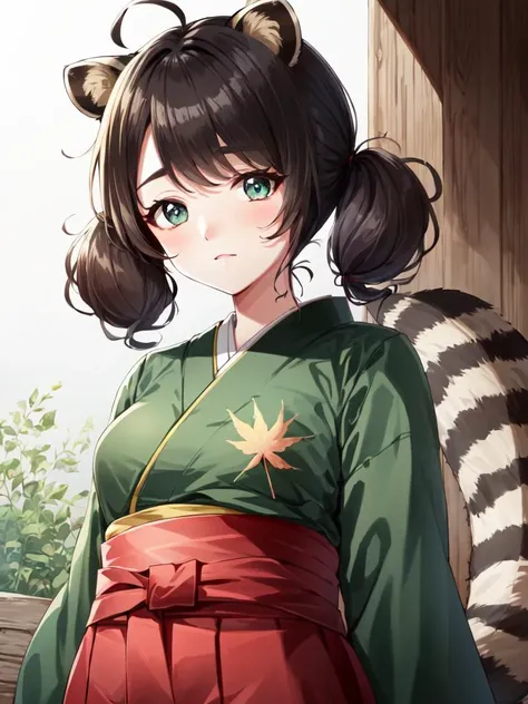 <lora:dontanuki:0.6:NIN> cute anime face 1girl with small raccoon ears (animal ears:1.5) (raccoon tail:1.5) brown hair, flaps light green eyes (thick_eyebrows) short cut flipped hair curly (low twintail:1.4) asymmetrical bangs, ((big hair messy hair)), eyeliner big breasts skindantation, rhomboid eye, (sleepy eyes), (detailed eyes), (tareme:1.6 jitome1.5), :> lightpink Leaf pattern green kimono, darkred and white checked hakama tabi