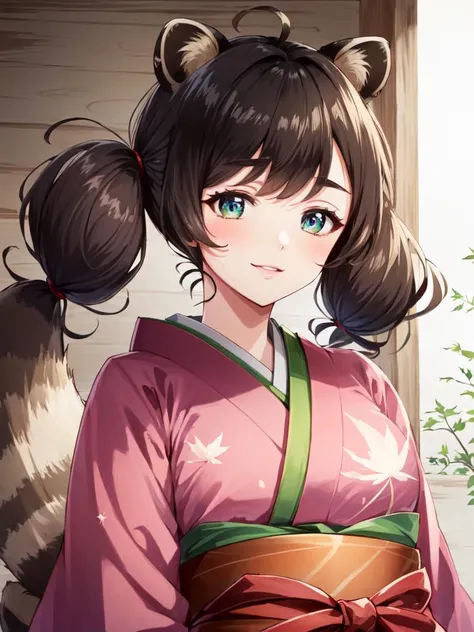 <lora:dontanuki:0.6:NIN> cute anime face 1girl with small raccoon ears (animal ears:1.5) (raccoon tail:1.5) brown hair, flaps light green eyes (thick_eyebrows) short cut flipped hair curly (low twintail:1.4) asymmetrical bangs, ((big hair messy hair)), eyeliner big breasts skindantation, rhomboid eye, (sleepy eyes), (detailed eyes), (tareme:1.6 jitome1.5), kind smile lightpink Leaf pattern green kimono, darkred and white checked hakama tabi, +++ extremely quality extremely detailed absurdres high resolution, contrapposto glow shine like opal <lora:_hipoly3DModelLora_v20:0.2:NF> hiqcgbody ++ Faint lips,UC:realistic cute anime face cinematic angle Girl at the front single focus dynamic pose