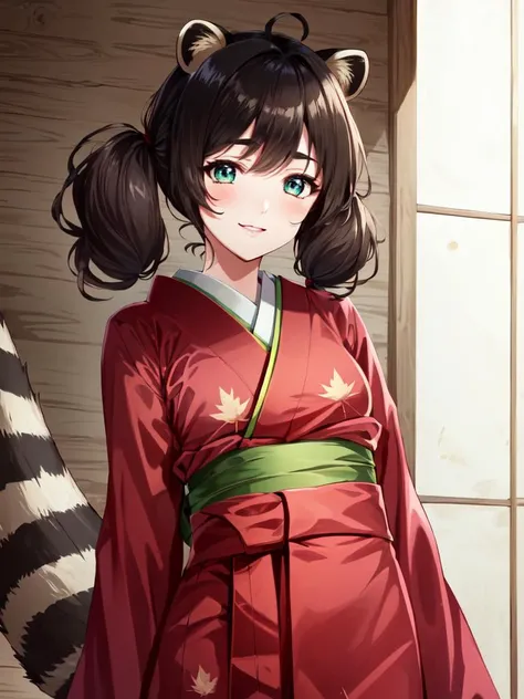 <lora:dontanuki:0.6:NIN> cute anime face 1girl with small raccoon ears (animal ears:1.5) (raccoon tail:1.5) brown hair, flaps light green eyes (thick_eyebrows) short cut flipped hair curly (low twintail:1.4) asymmetrical bangs, ((big hair messy hair)), eyeliner big breasts skindantation, rhomboid eye, (sleepy eyes), (detailed eyes), (tareme:1.6 jitome1.5), naughty smile lightpink Leaf pattern green kimono, darkred and white checked hakama tabi, +++ extremely quality extremely detailed absurdres high resolution, contrapposto glow shine like opal <lora:_hipoly3DModelLora_v20:0.2:NF> hiqcgbody ++ Faint lips,UC:realistic cute anime face cinematic angle Girl at the front single focus dynamic pose