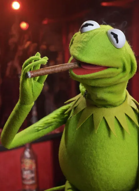 Dramatic photo of Kermit1024 smoking a cigar inside a strip club, <lora:Kermit1024:0.8>