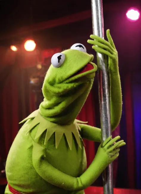 Dramatic photo of Kermit1024 leaned against a strippers pole on stage at a strip club, <lora:Kermit1024:0.8>