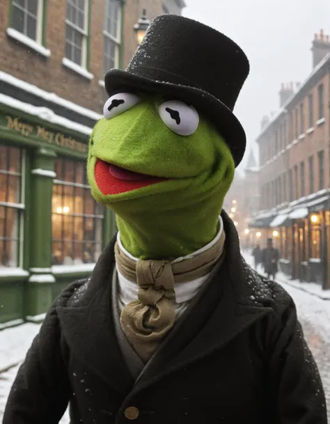 <lora:Kermit1024:1.0> cinematic closeup portrait photo, christmas of Kermit1024 as Bob Cratchit (wearing lower class Dickensian clothes, dark coat, wool scarf, bald with top hat, pants:1.2), in 1840's Victorian London street, falling snow, (at dawn:1.15), portrait lighting, realistic, detailed face, 8k, UHD color RAW photo, detail, (Fujifilm X-S10 Mirrorless Camera, Æ/8,  ISO 102400, 100mm lens) (sharp focus:1.15) <The Muppet Christmas Carol is the best Christmas movie I will literally fight you>