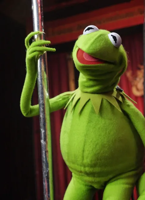 Dramatic photo of Kermit1024 leaned against a strippers pole on stage at a strip club, <lora:Kermit1024:0.8>