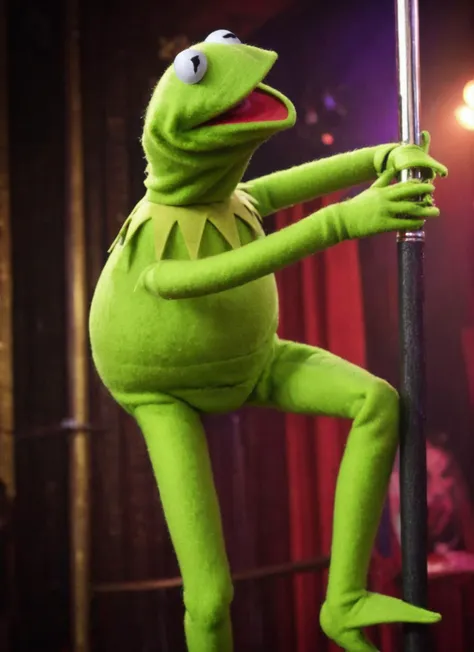 Dramatic photo of Kermit1024 leaned against a strippers pole on stage at a strip club, <lora:Kermit1024:0.8>