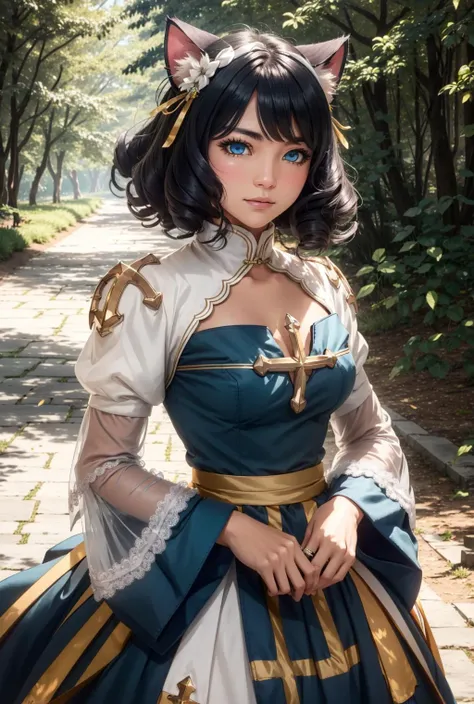 masterpiece, best quality, <lora:dnfcrusader-nvwls-v1-000010:0.9> dnfCrusader, hat, cross necklace, cross earrings, black dress, detached sleeves, large breasts, cowboy shot, white thighhighs, stairs, walking, outdoors, sunset, holding staff, cross staff