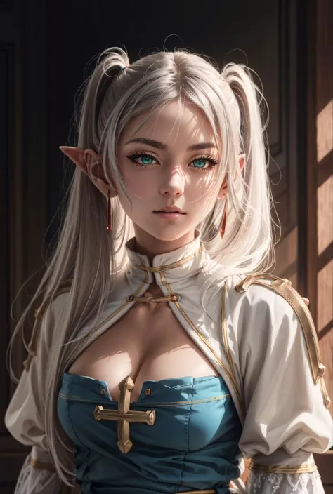 Ultra realistic, elf girl, seductive leaning forward detailed skin, ultra realistic, 16k, high quality, picture-perfect, flawless, clean, masterpiece, professional artwork, detailed artwork, cinematic lighting, cinematic bloom, realistic shading, ((silver hair)),(1girl, beautiful korean girl),perfect face, (young:1.1),((fit figure)),((25 year old)), beautiful face, beautiful turquoise-blue eyes (cute eyes look), detail eyes, detail face, (((perfect female body, narrow waist))),(large breasts:1.3)lora:GoodHands-beta2:1>, , ((girl standing)),upper body, white and dark blue clothing (realistic texture), blade to side, strike pose,blade down,blade right hand,, cherry blossoms,, blurred background (masterpiece, best quality, high quality, highres, ultra-detailed), different poses at different angles.
