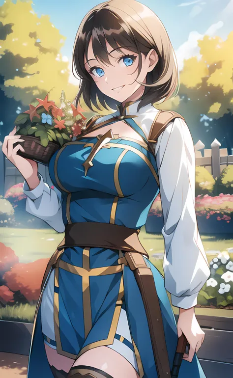 1girl, cowboy shot, standing, short hair, brown hair, blue eyes, ragnarokarch, open mouth, smile, outdoors, garden, blue sky, sunlight <lora:attire_ro_archbishop:0.6>